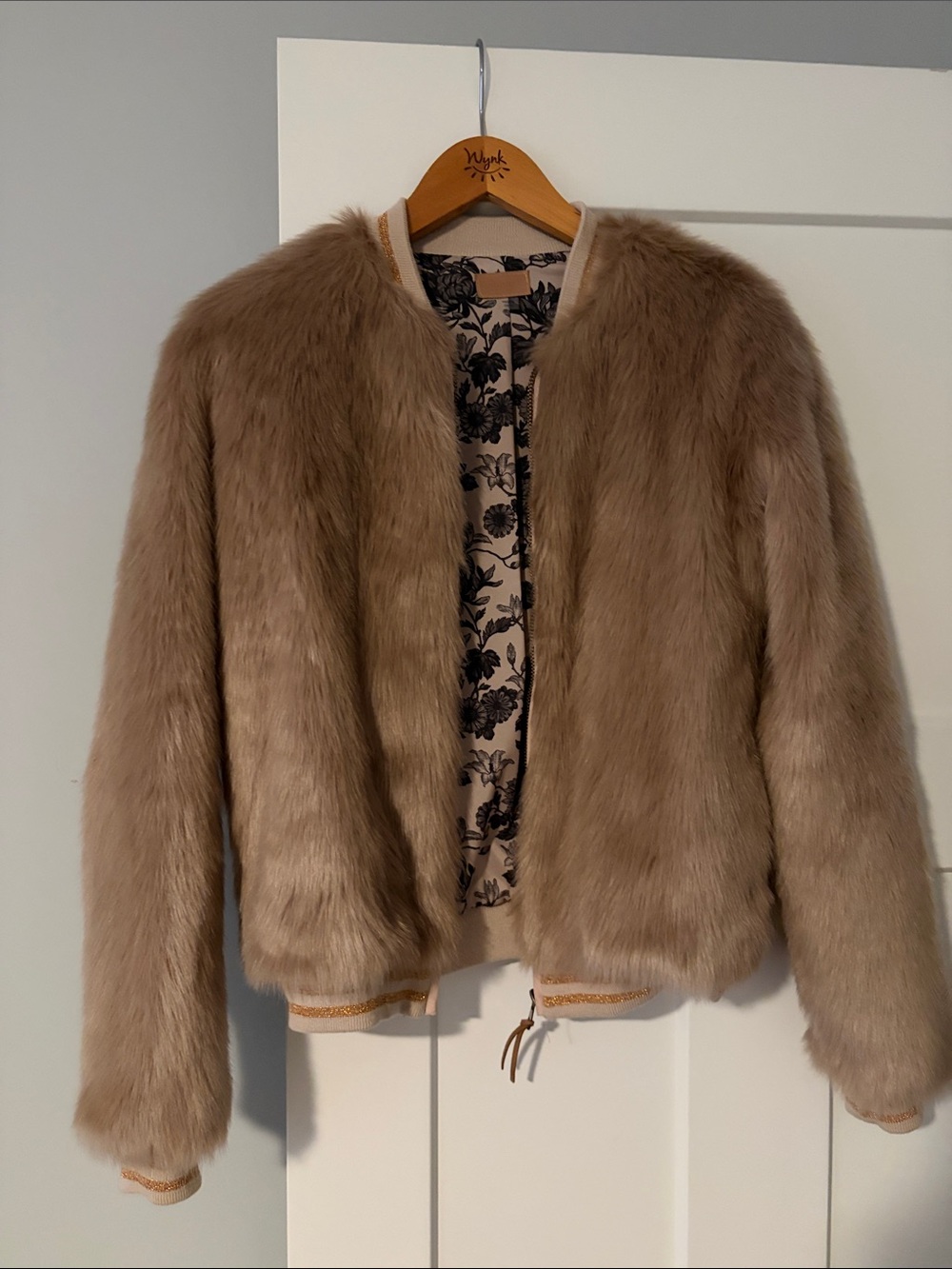 MOTHER Taupe Faux Fur Bomber Jacket with Floral Lining
